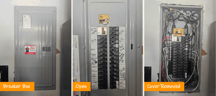 Example of a standard residential electrical breaker panel with cover removed