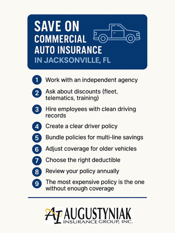 A graphic illustrating 9 tips for reducing commercial auto insurance costs.