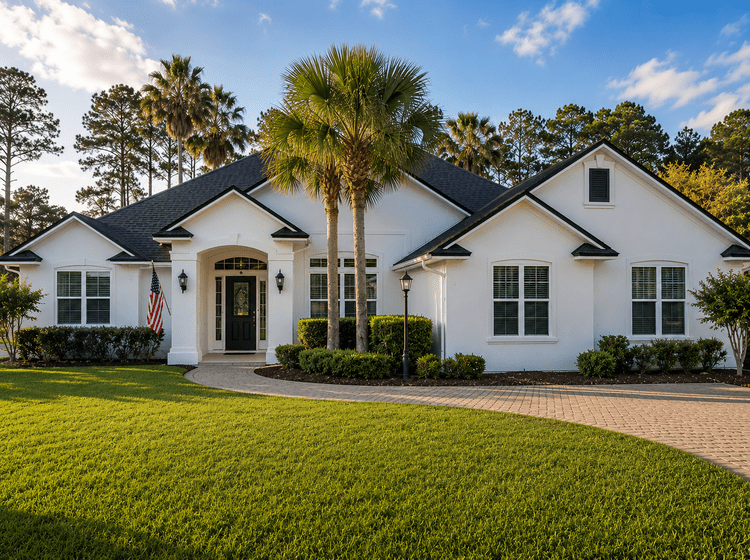 Newer single-family Florida home with white stucco and architectural shingle roof representing the type of home eligible for Nationwide's 2026 home insurance pilot program in Northeast Florida